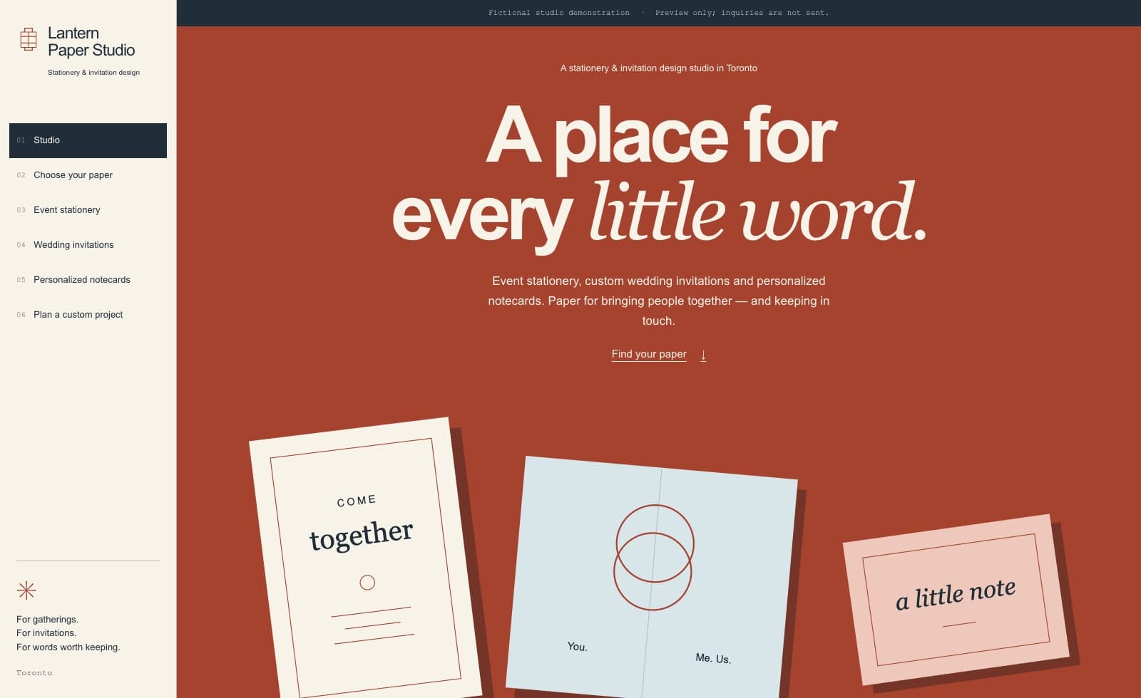 Actual Lantern Paper Studio website with terracotta colors and paper stationery