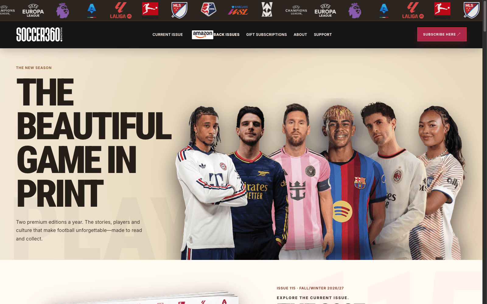 Actual Soccer360 Magazine desktop homepage with bold editorial typography, competition logos and six football players