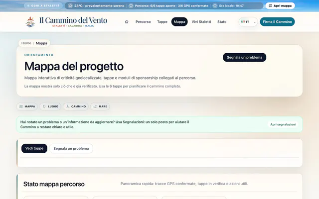 Il Cammino del Vento Smart Website showing project and visitor context