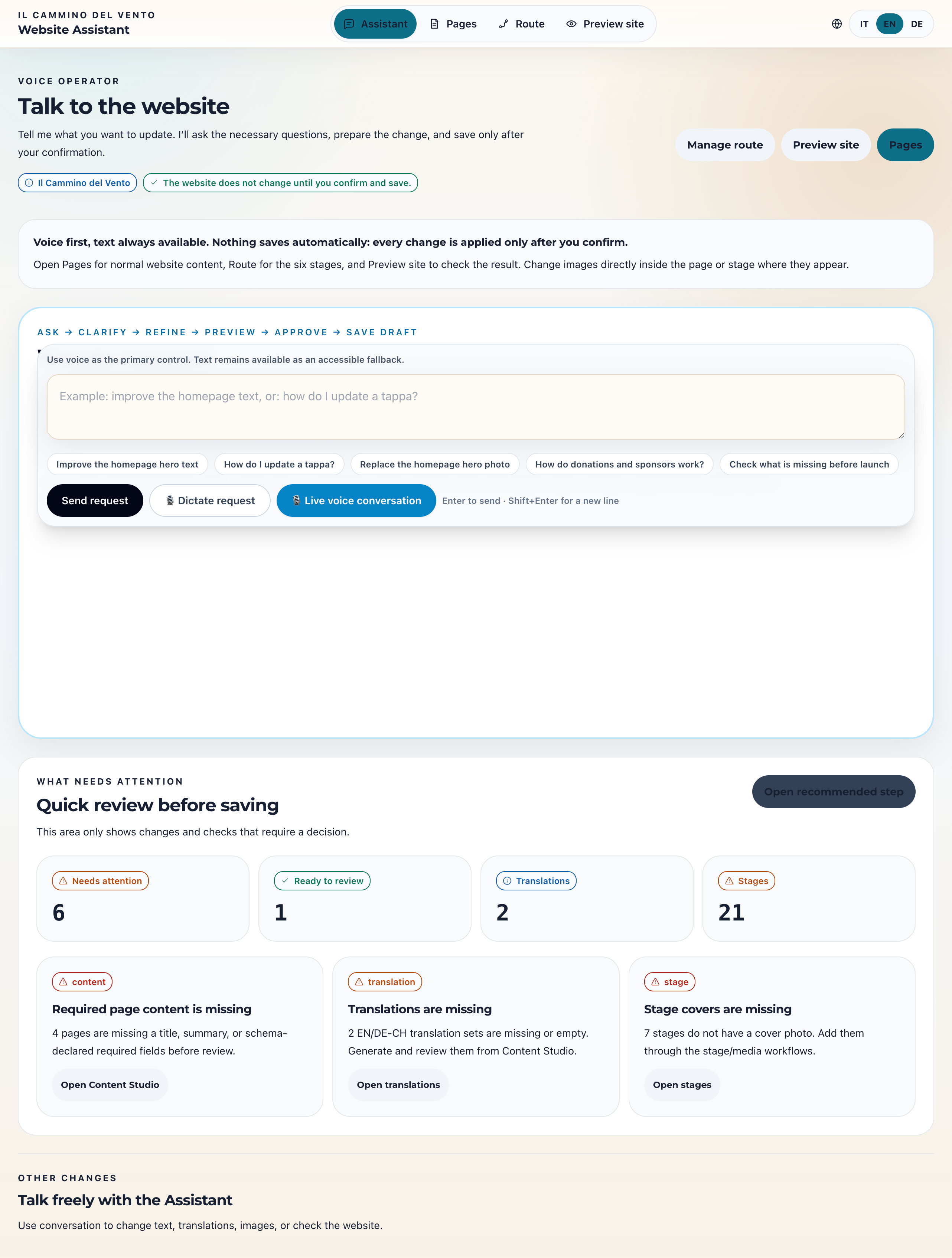 Current Il Cammino del Vento Admin UI owner operating surface