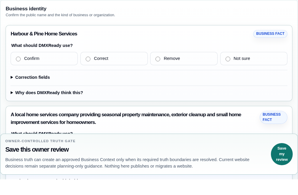 Sanitized DMXReady owner review showing business facts being confirmed