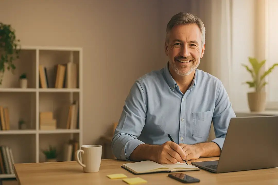 Solopreneur smiling at desk with laptop and notebook