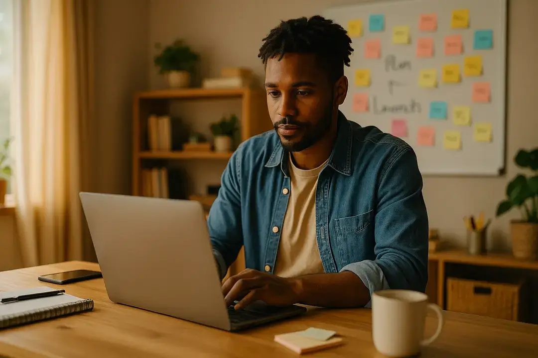 Student working on a laptop in a modern workspace